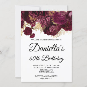 Burgundy Flowers Gold Foil Glam 60th Birthday Invitation