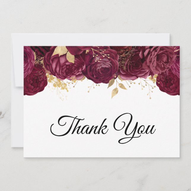 Burgundy Flowers Gold Foil Glam 60th Birthday Thank You Card (Front)