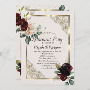 Burgundy Flowers Gold Frame,Confetti Retirement  Invitation