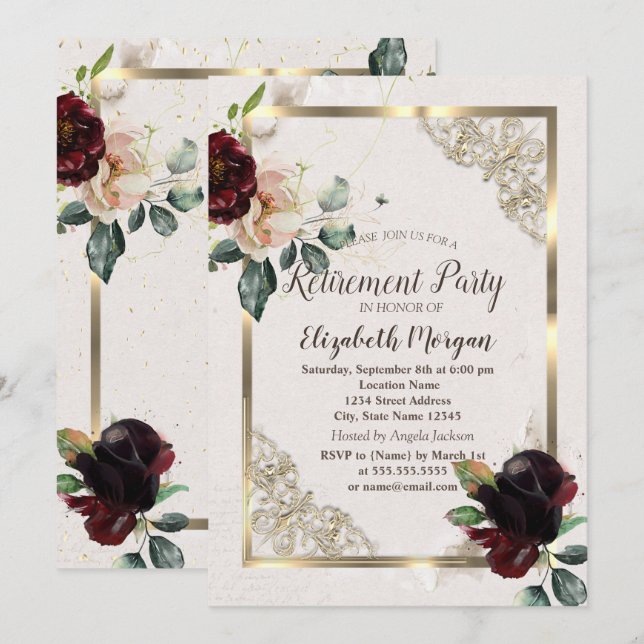Burgundy Flowers Gold Frame,Confetti Retirement  Invitation (Front/Back)