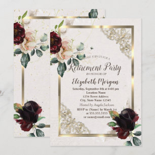 Burgundy Flowers Gold Frame,Confetti Retirement Invitation