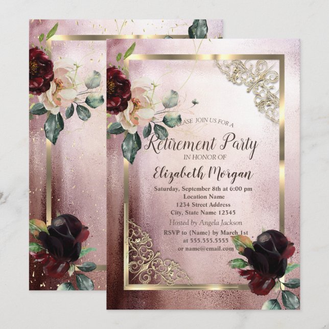 Burgundy Flowers Gold Frame Rose Gold Retirement  Invitation (Front/Back)