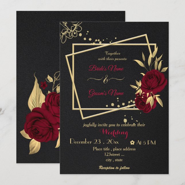 burgundy flowers gold geometric black wedding  invitation (Front/Back)