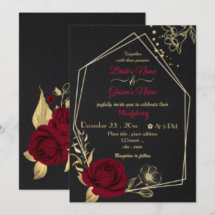 burgundy flowers gold geometric black wedding invitation