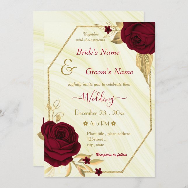 burgundy flowers gold geometric marble wedding  invitation (Front/Back)
