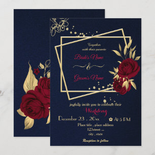 burgundy flowers gold geometric navy wedding invitation