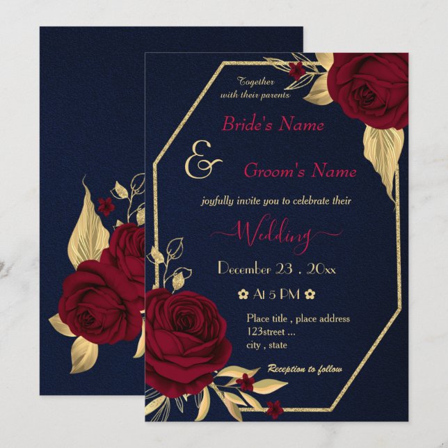 burgundy flowers gold geometric navy wedding invitation (Front/Back)