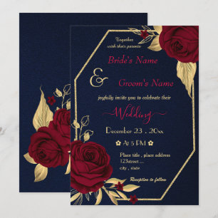 burgundy flowers gold geometric navy wedding invitation