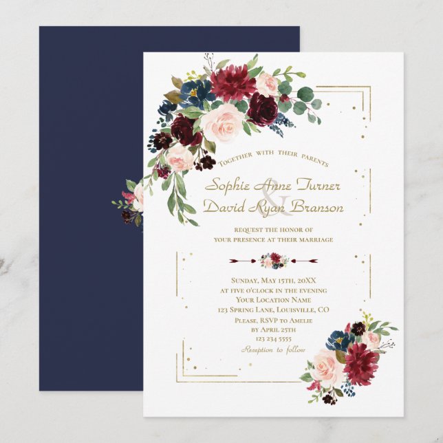 Burgundy Flowers Gold Glitter Frame Navy Wedding Invitation (Front/Back)