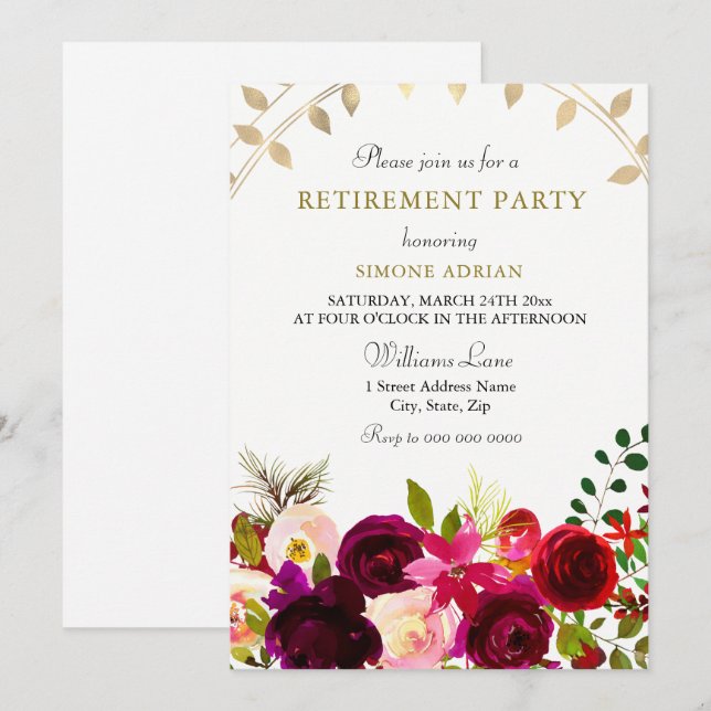 Burgundy Flowers Gold Leaf Retirement Party Invitation (Front/Back)