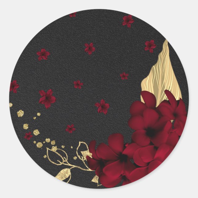 burgundy flowers gold leaves black classic round s sticker (Front)