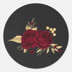 burgundy flowers gold leaves black classic round sticker