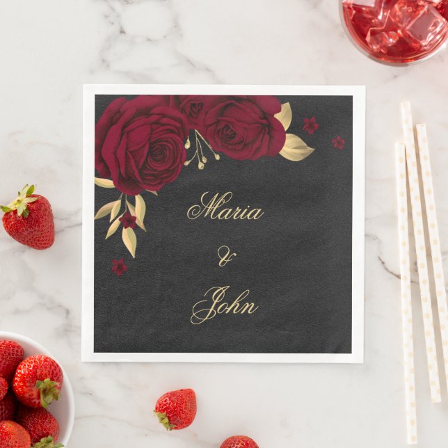 burgundy flowers gold leaves black napkin (Insitu)