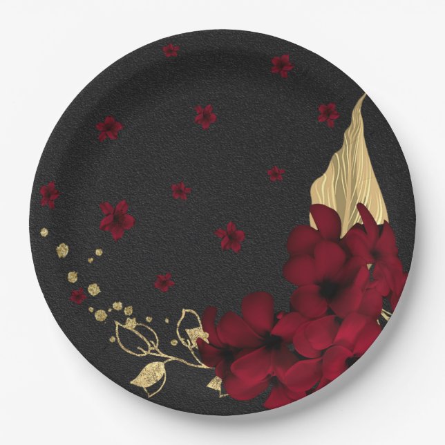 burgundy flowers gold leaves black paper plate (Front)