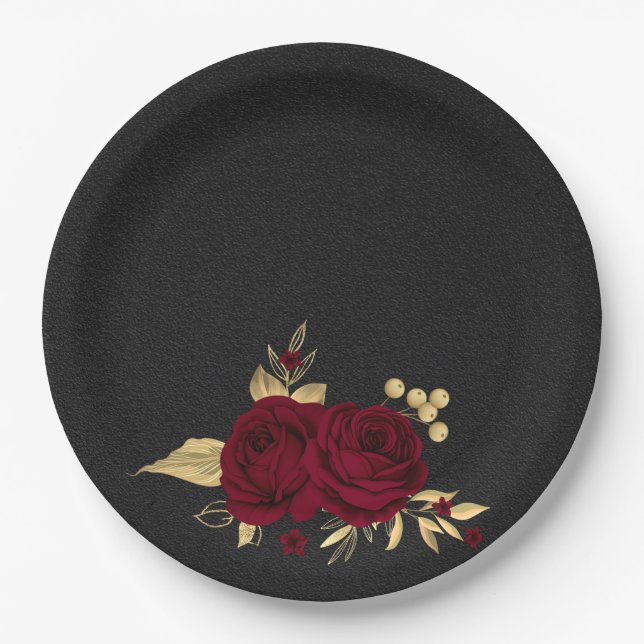 burgundy flowers gold leaves black paper plate (Front)