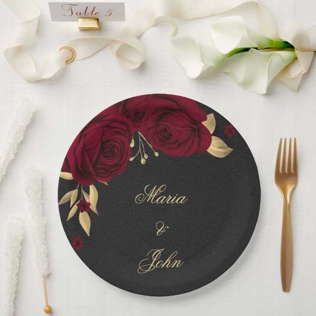 burgundy flowers gold leaves black paper plate (Wedding)