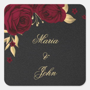 burgundy flowers gold leaves black square sticker