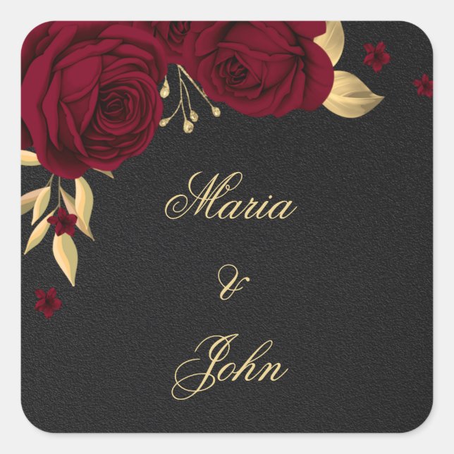 burgundy flowers gold leaves black  square sticker (Front)