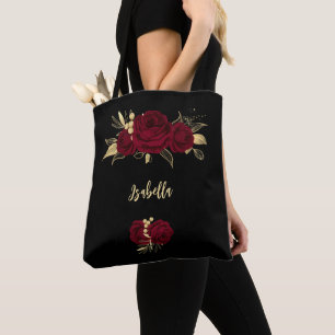 burgundy flowers gold leaves black  tote bag