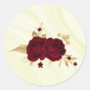 burgundy flowers gold leaves marble classic round sticker