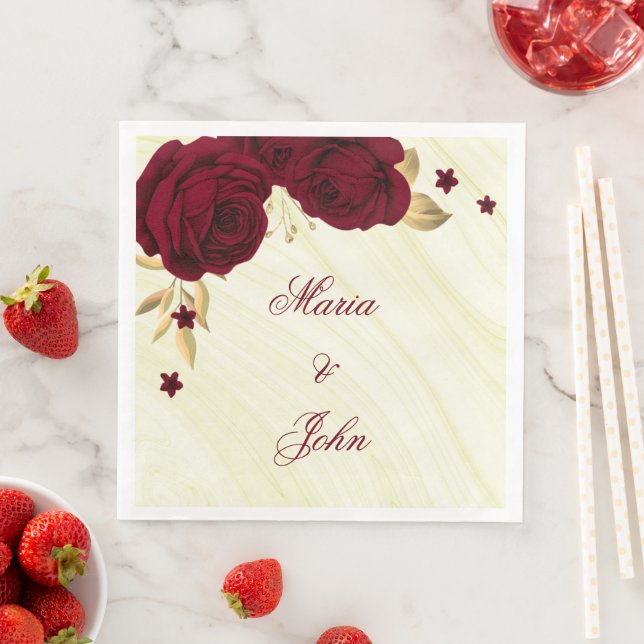 burgundy flowers gold leaves marble napkin (Insitu)