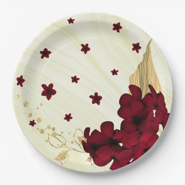 burgundy flowers gold leaves marble  paper plate (Front)