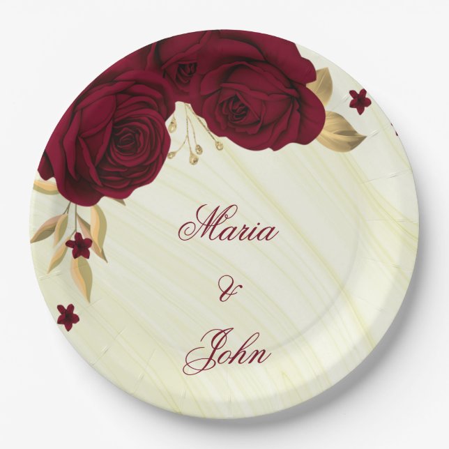 burgundy flowers gold leaves marble paper plate (Front)