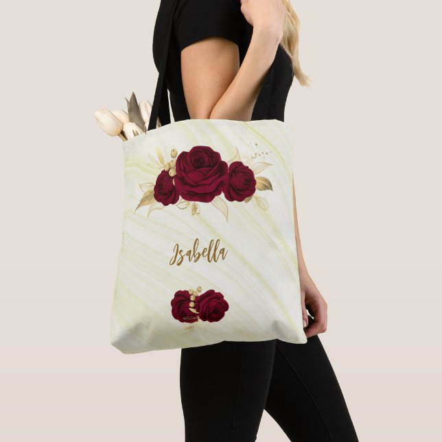 burgundy flowers gold leaves marble tote bag (Close Up)
