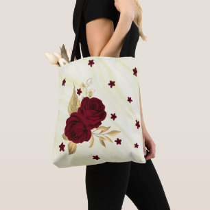 burgundy flowers gold leaves marble tote bag