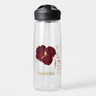 burgundy flowers gold leaves marble water bottle