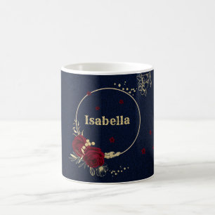 burgundy flowers gold leaves navy blue coffee mug