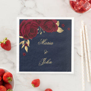 burgundy flowers gold leaves navy blue napkin