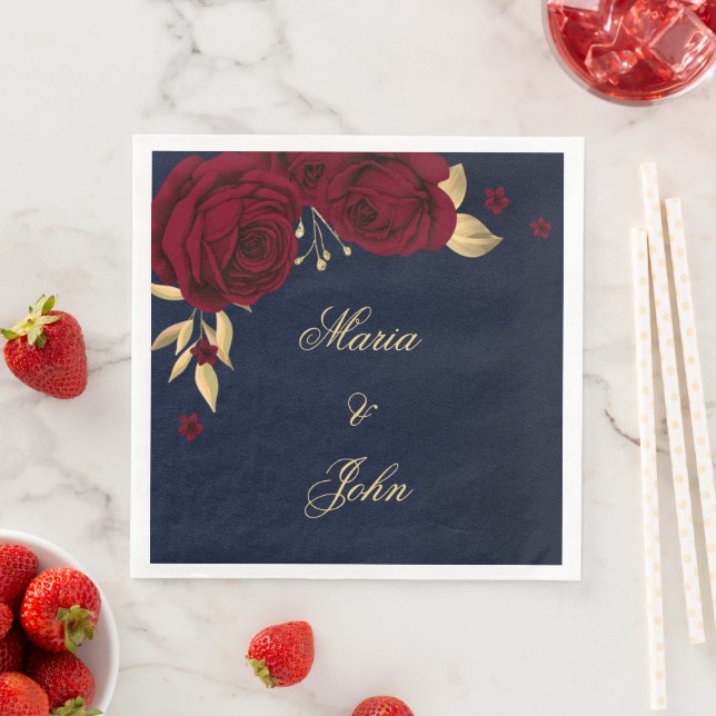burgundy flowers gold leaves navy blue napkin (Insitu)