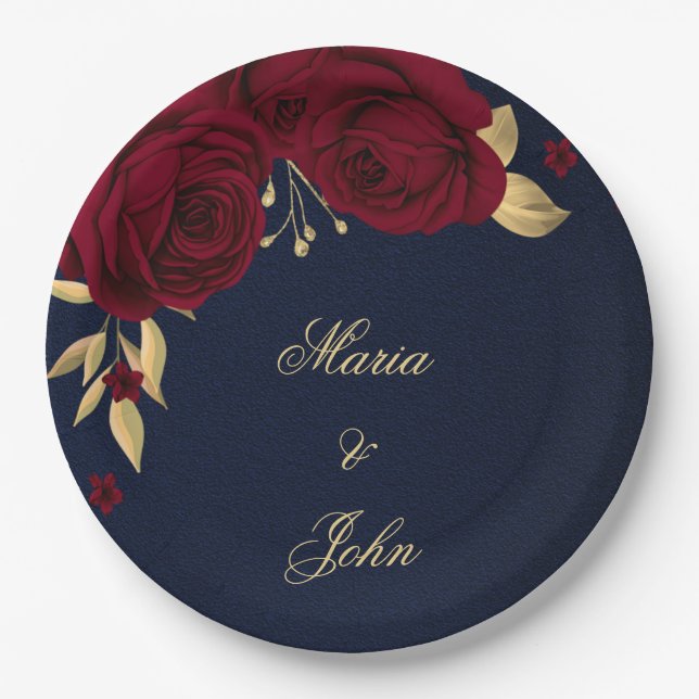 burgundy flowers gold leaves navy blue paper plate (Front)