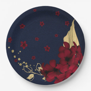 burgundy flowers gold leaves navy blue paper plate