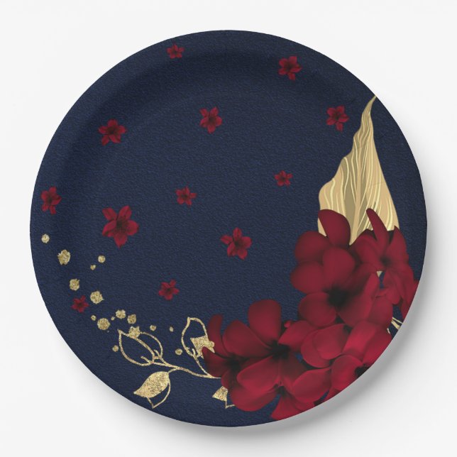 burgundy flowers gold leaves navy blue paper plate (Front)