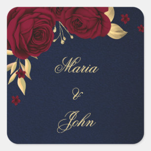 burgundy flowers gold leaves navy blue square sticker