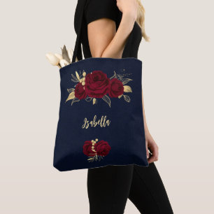 burgundy flowers gold leaves navy tote bag