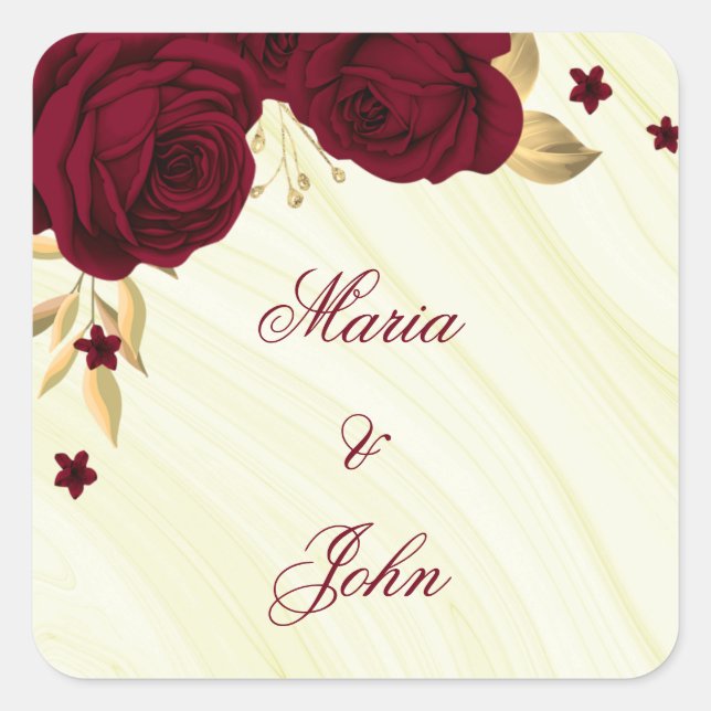 burgundy flowers gold leaves  square sticker (Front)