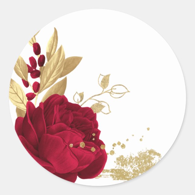 burgundy flowers & gold leaves white classic round sticker (Front)