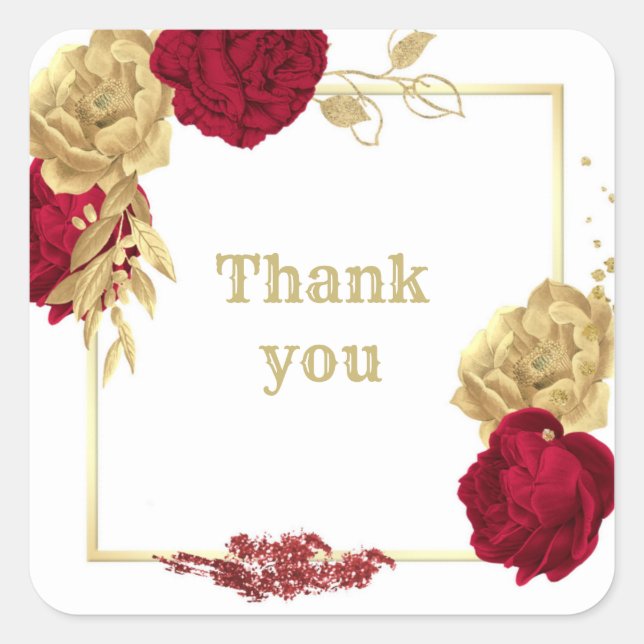 burgundy flowers & gold leaves white thank you square sticker (Front)