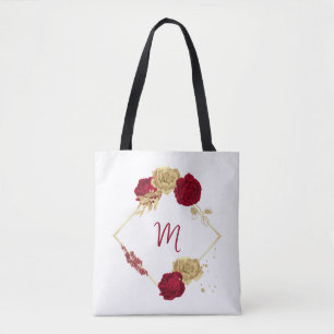 burgundy flowers & gold leaves white tote bag