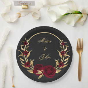 burgundy flowers gold leaves wreath black paper plate