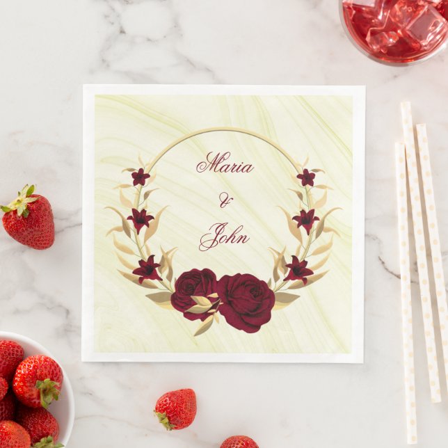burgundy flowers gold leaves wreath marble napkin (Insitu)