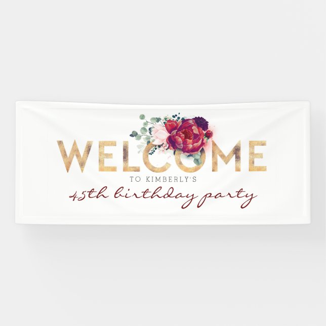Burgundy Flowers Gold Typography Birthday Welcome Banner (Horizontal)