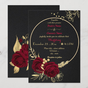 burgundy flowers gold wreath black wedding invitation