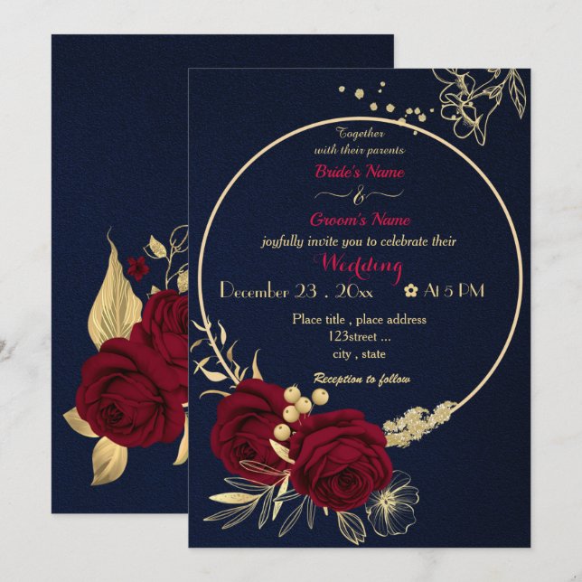 burgundy flowers gold wreath navy wedding invitation (Front/Back)
