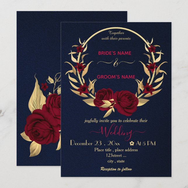 burgundy flowers gold wreath navy wedding invitation (Front/Back)