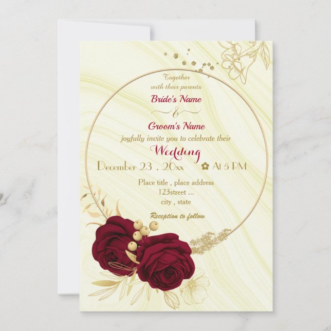burgundy flowers gold wreath wedding invitation (Front)