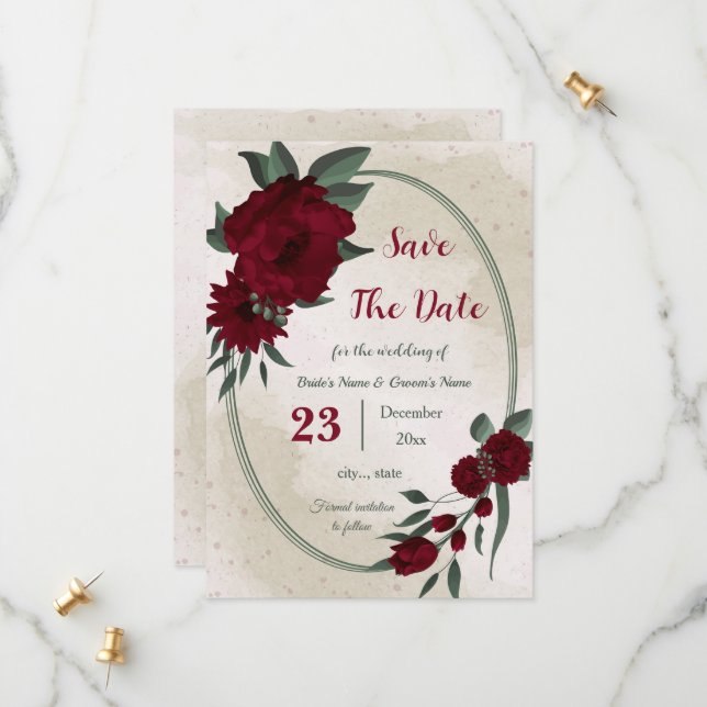 Burgundy flowers greenery botanical save the date (Front/Back In Situ)
